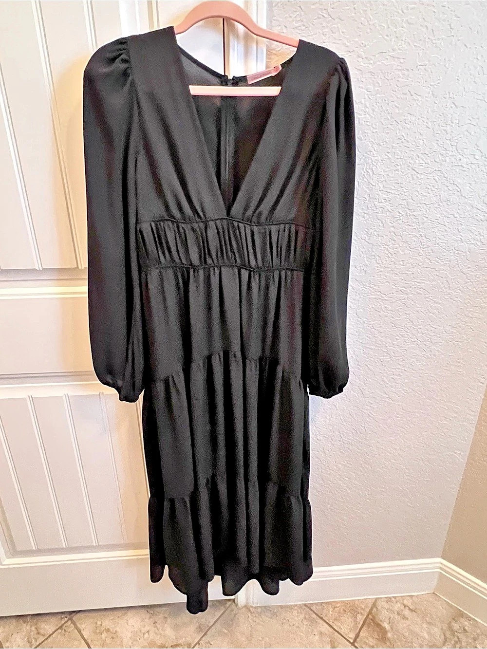 Socialite Long Sleeve Smocked Waist Tiered Midi Dress Black